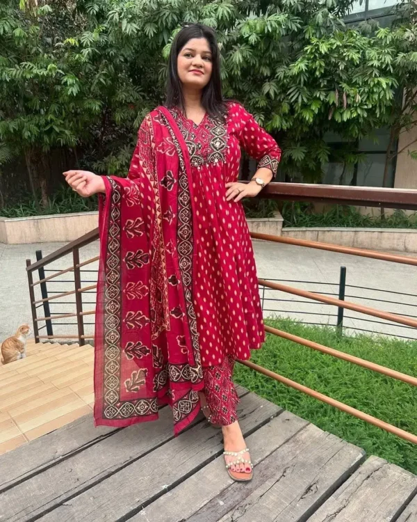 Cotton Deep Red Kurti Set