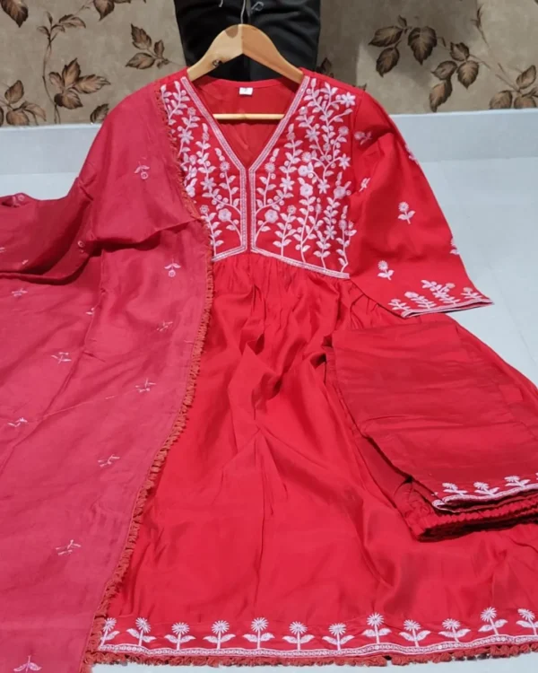 Red Embroidered Kurti Set