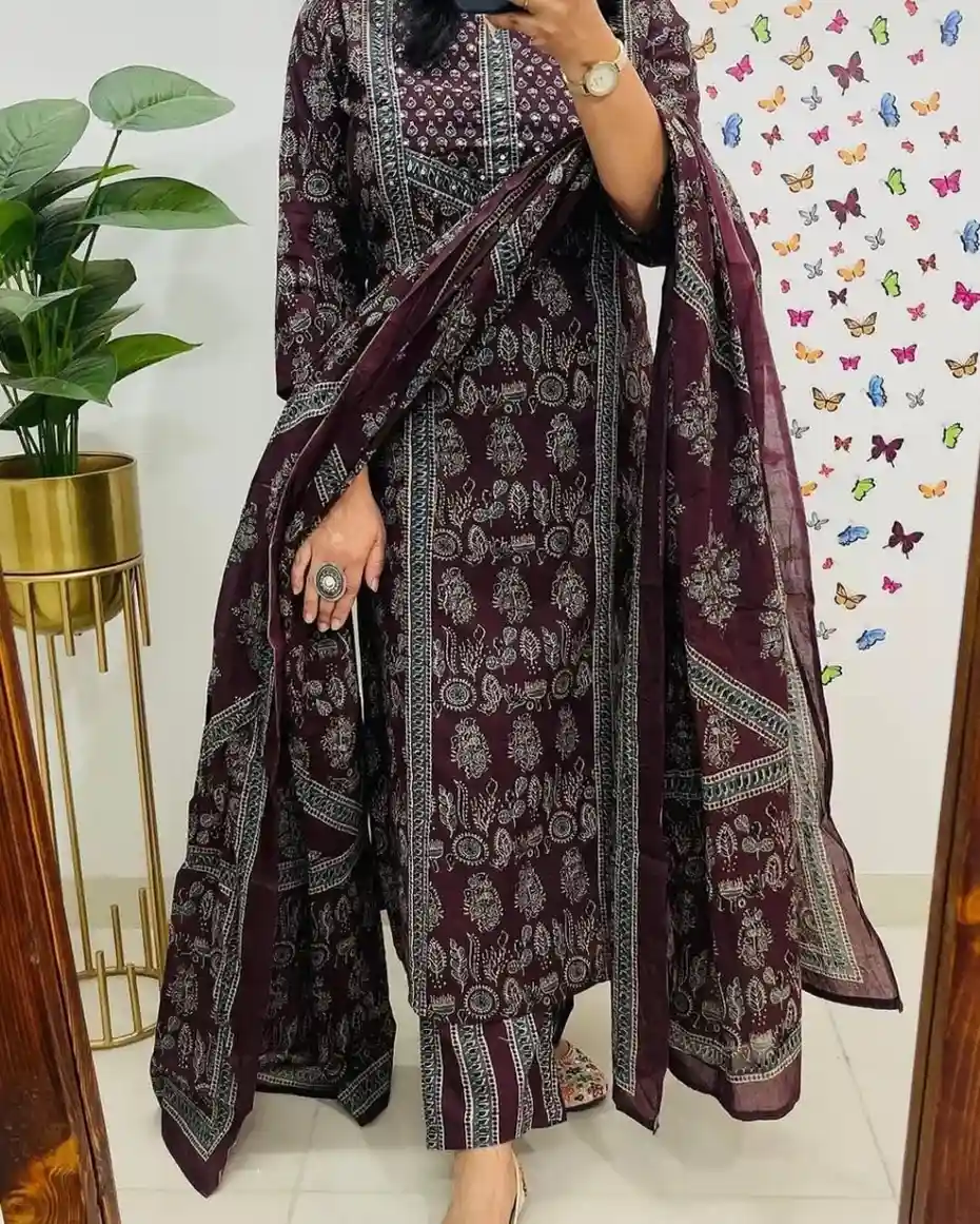 Burgundy Colour Kurti Pant Dupatta Set