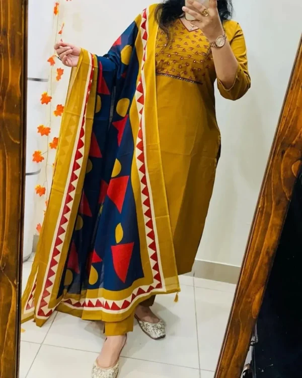 Cotton Mustard and Blue Floral Suit Set