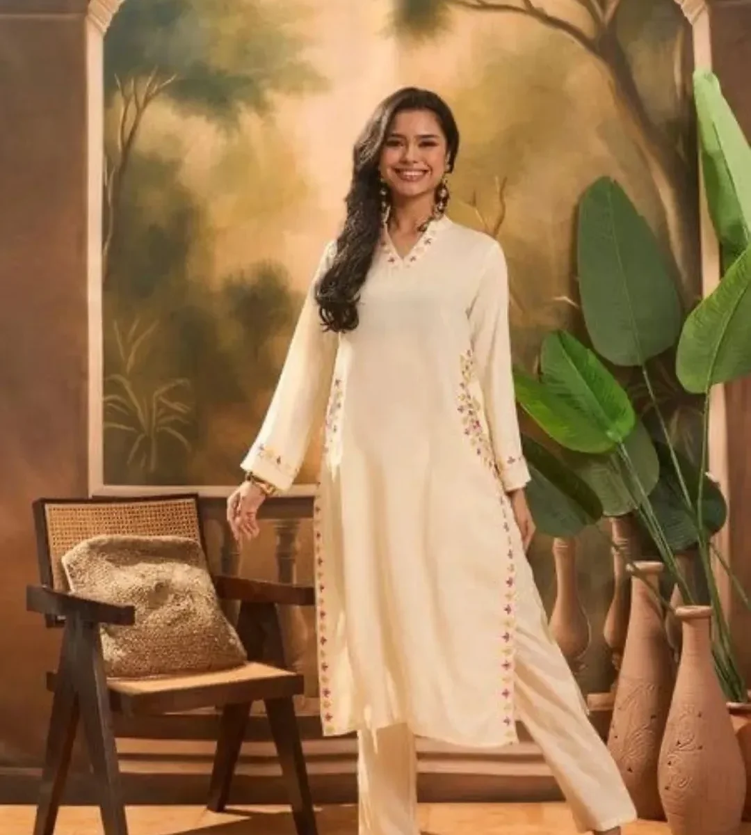 Off White Kurti Combination Pant Set