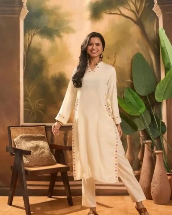 Off White Kurti Combination Pant Set