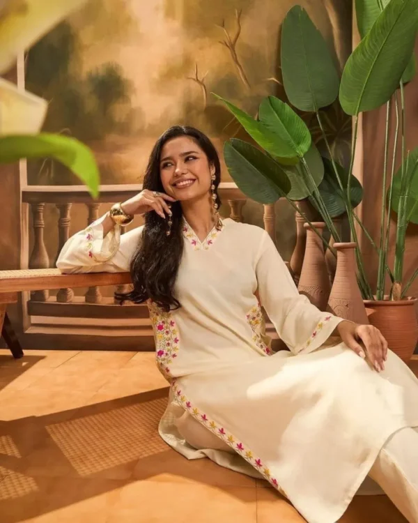 Off White Kurti Combination Pant Set Front