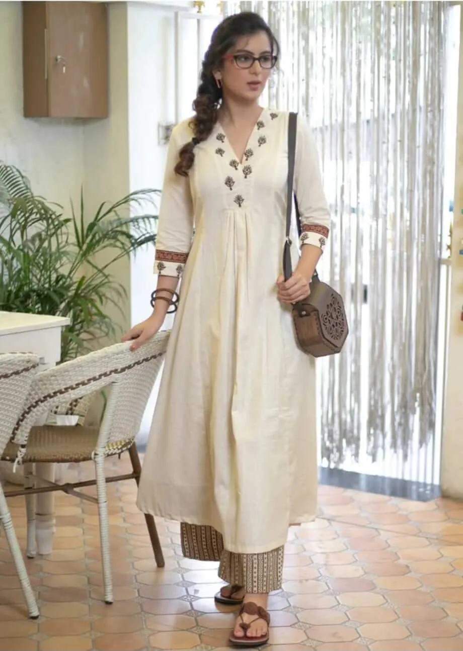 Off White Kurti Combination Pant Set