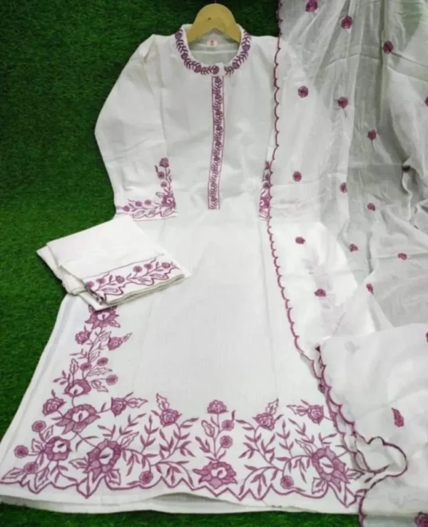 White Floral Kurti Pant Dupatta Set Real