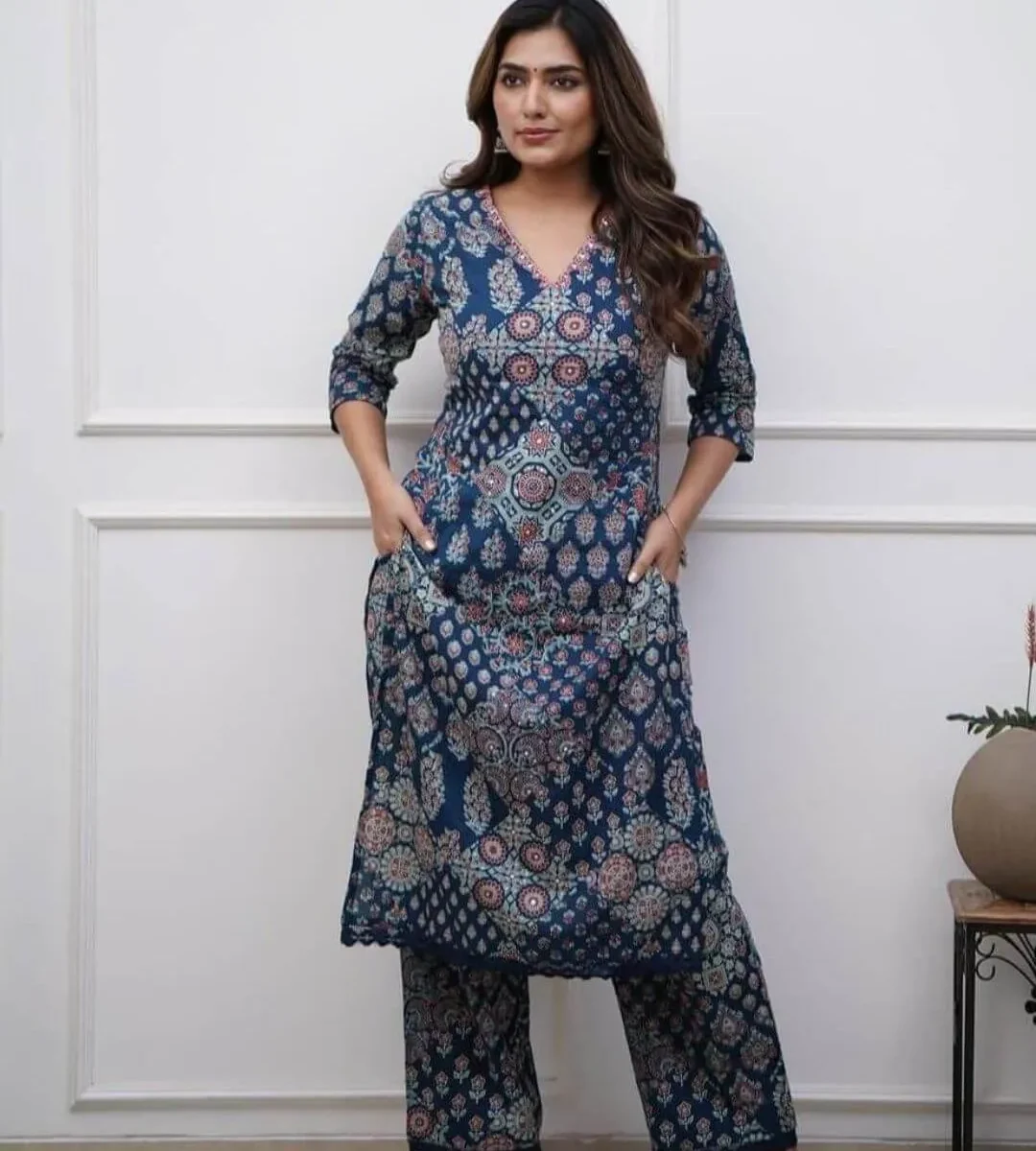 Floral Blue and White Kurti Pant Set