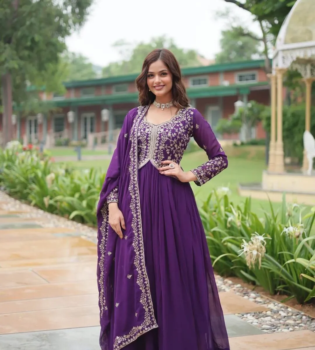 Purple Party Wear Gown With Dupatta Set