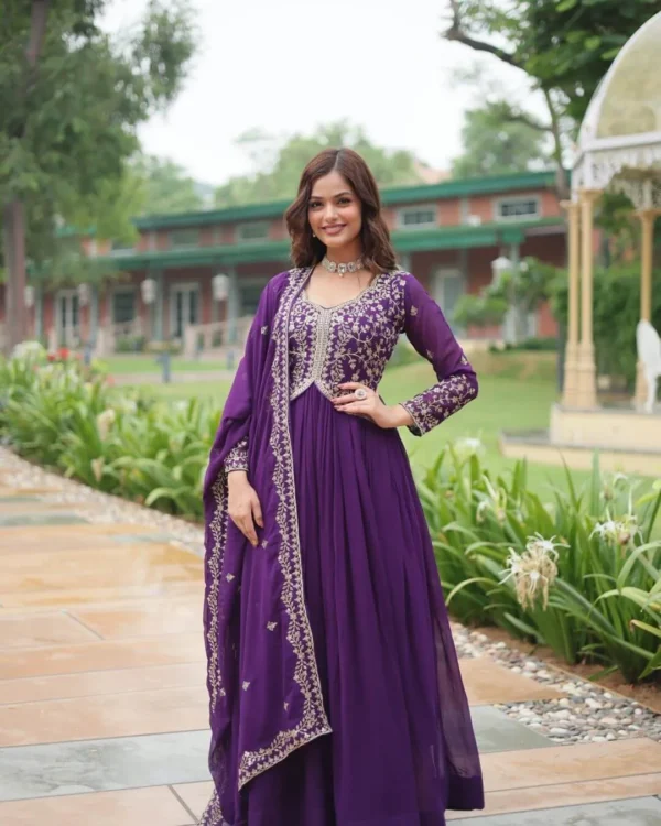 Purple Party Wear Gown With Dupatta Set