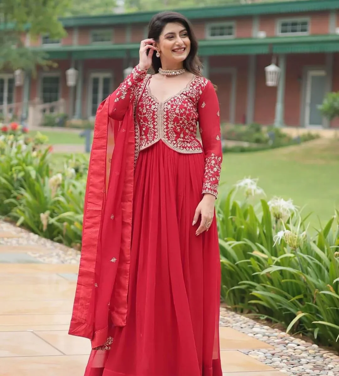 Red Party Wear Gown With Dupatta Set