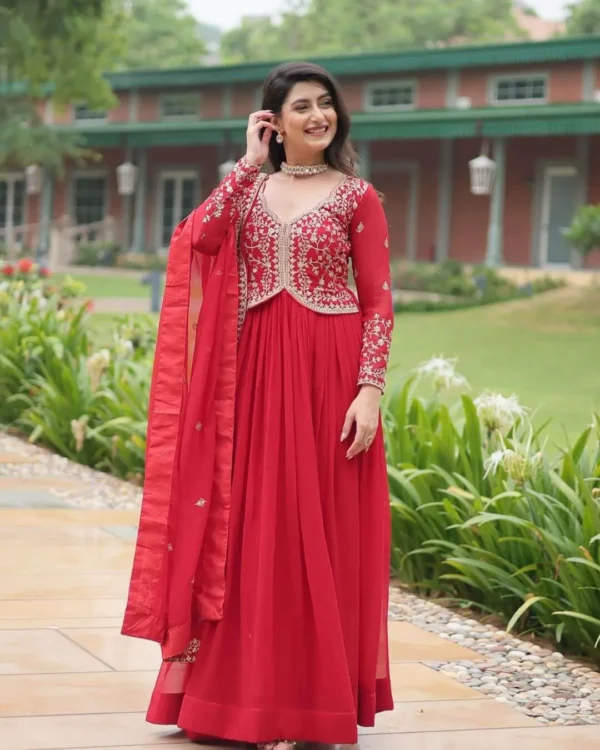 Red Party Wear Gown With Dupatta Set