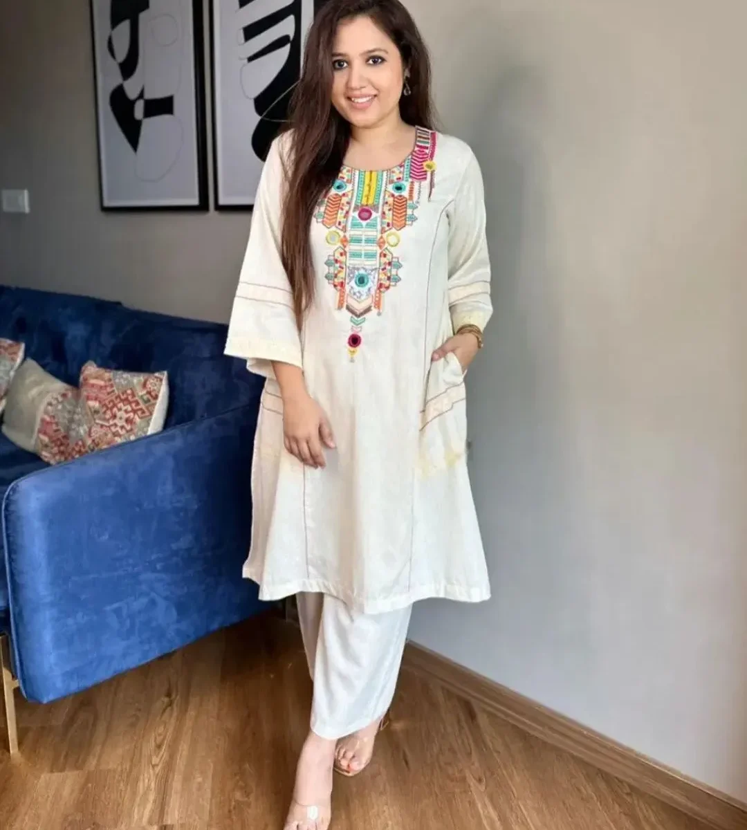 A-Line White Kurti Set