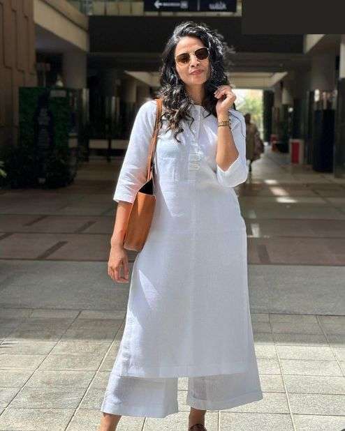 Plain White Cotton Slub Kurti​ Palazzo Set