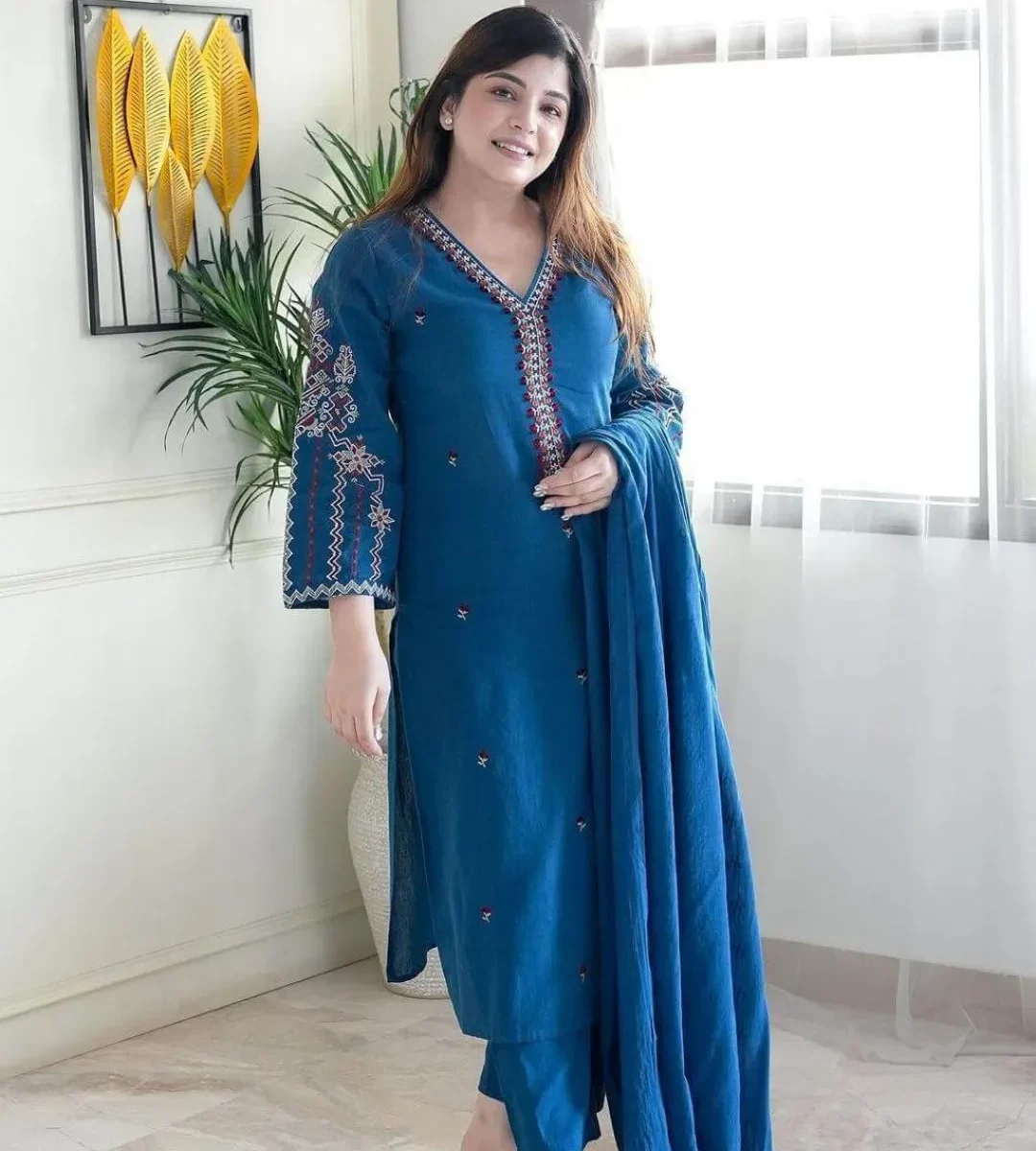 Blue Floral Kurti Pant Dupatta Set