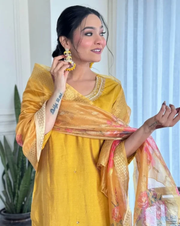 Yellow Floral Kurti Pant Dupatta Set