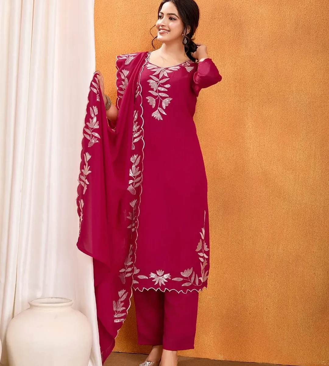 Red Silk Kurti Pant Dupatta Set