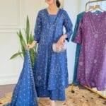 Blue Floral Kurti Pant Dupatta Set