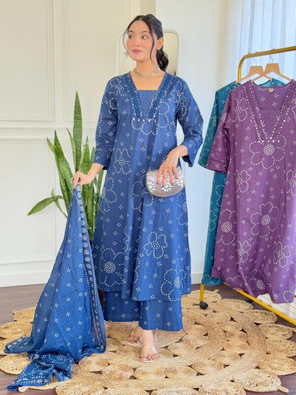 Blue Floral Kurti Pant Dupatta Set