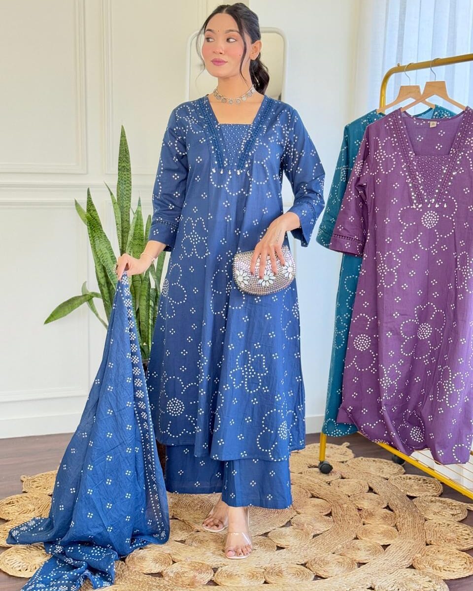 Blue Floral Kurti Pant Dupatta Set