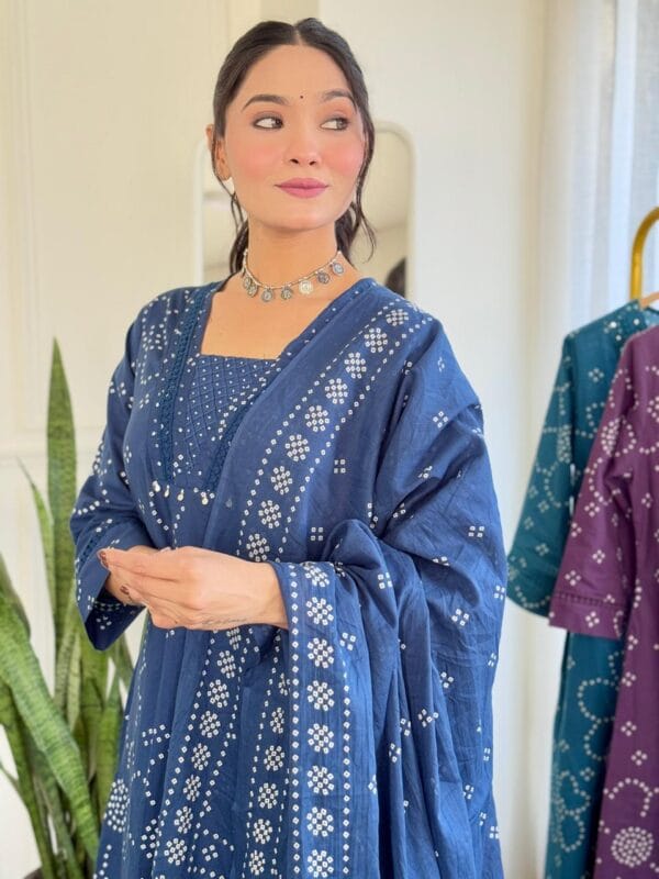 Blue Floral Kurti Pant Dupatta Set Front