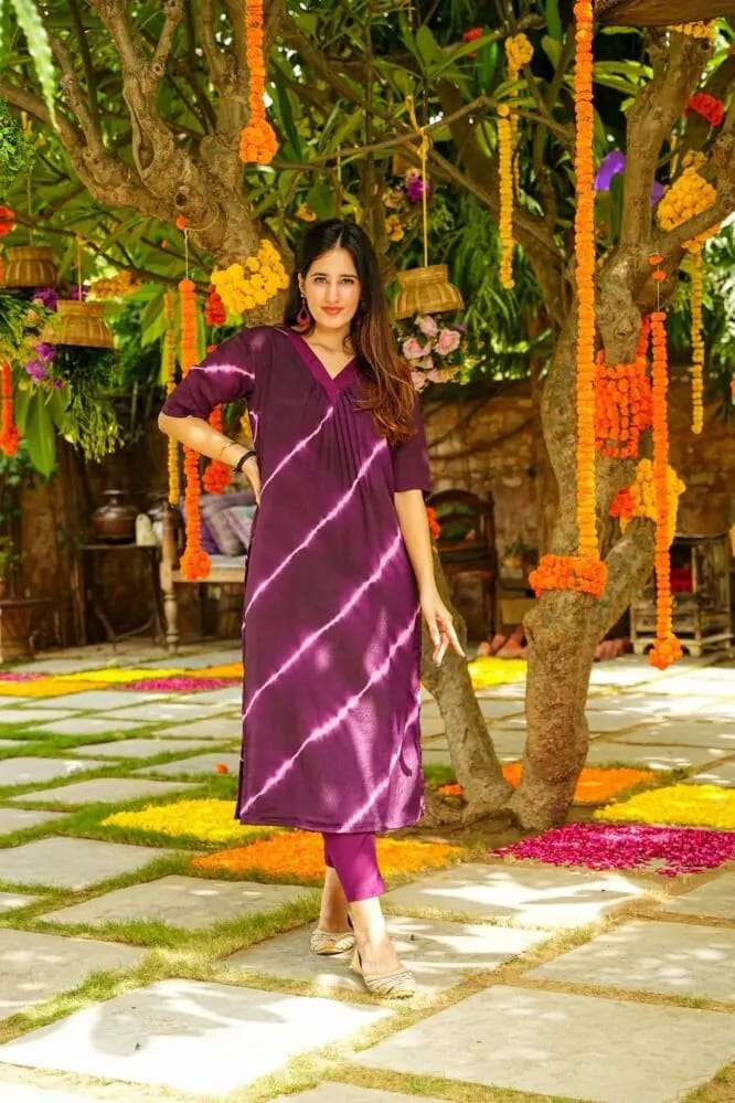 Wine Tie-Dye Kurti Pant Set