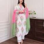 White Pink Combination Kurti Set