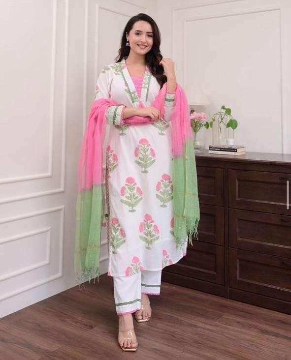 White Pink Combination Kurti Set