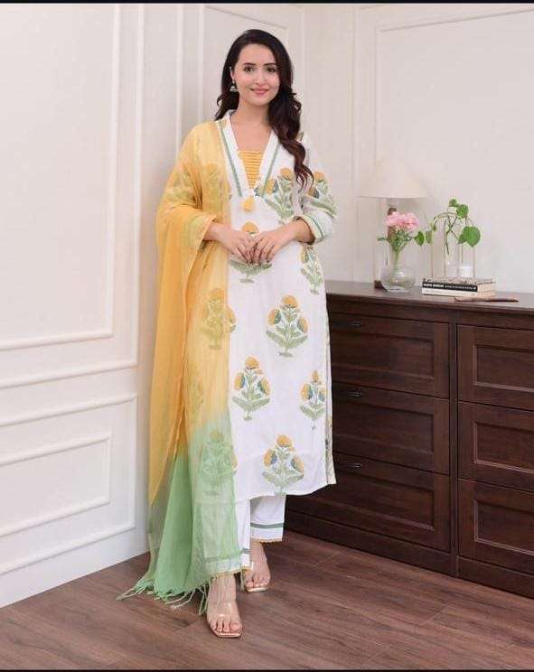 Yellow White Kurti Set