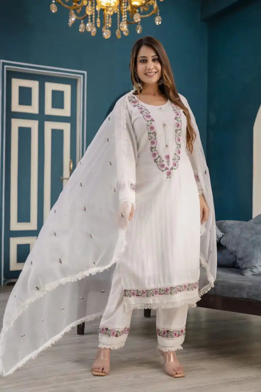 Cotton White Embroidered Kurti Set