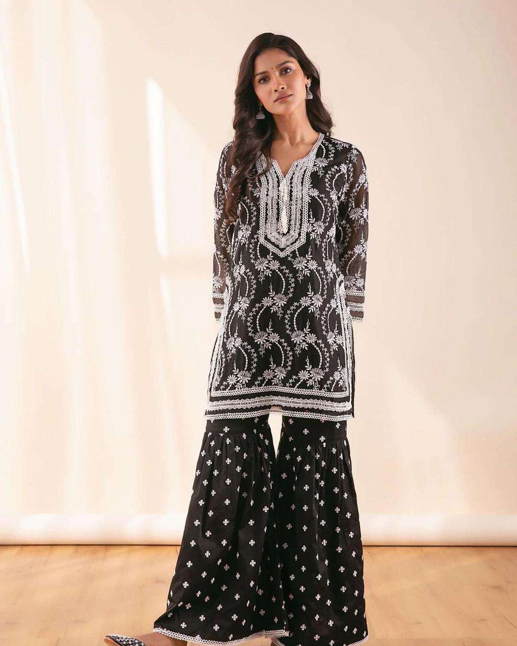 Black Sharara Kurti Dupatta Set