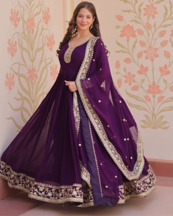 Purple Party Wear Gown With Dupatta Set