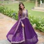 Purple Party Wear Gown With Dupatta Set