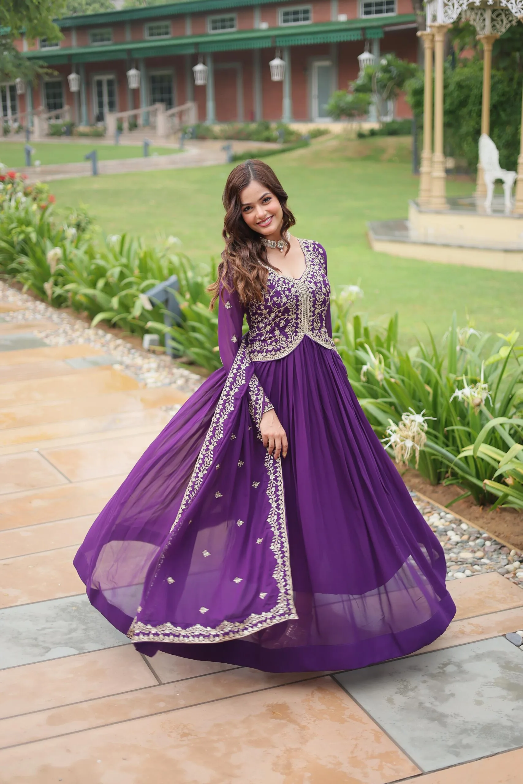 Purple Party Wear Gown With Dupatta Set