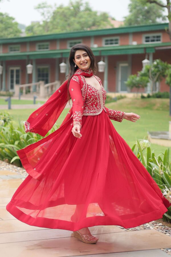 Red Party Wear Gown With Dupatta Set