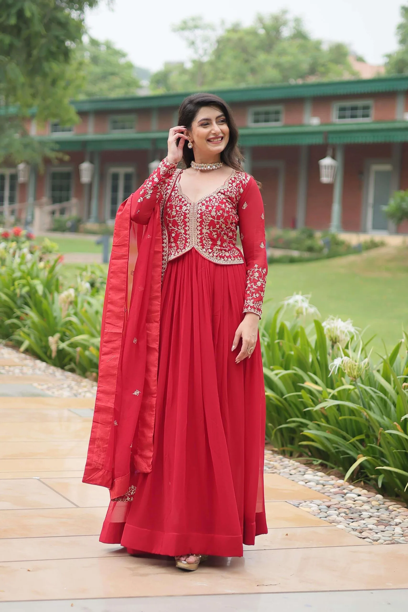 Red Party Wear Gown With Dupatta Set