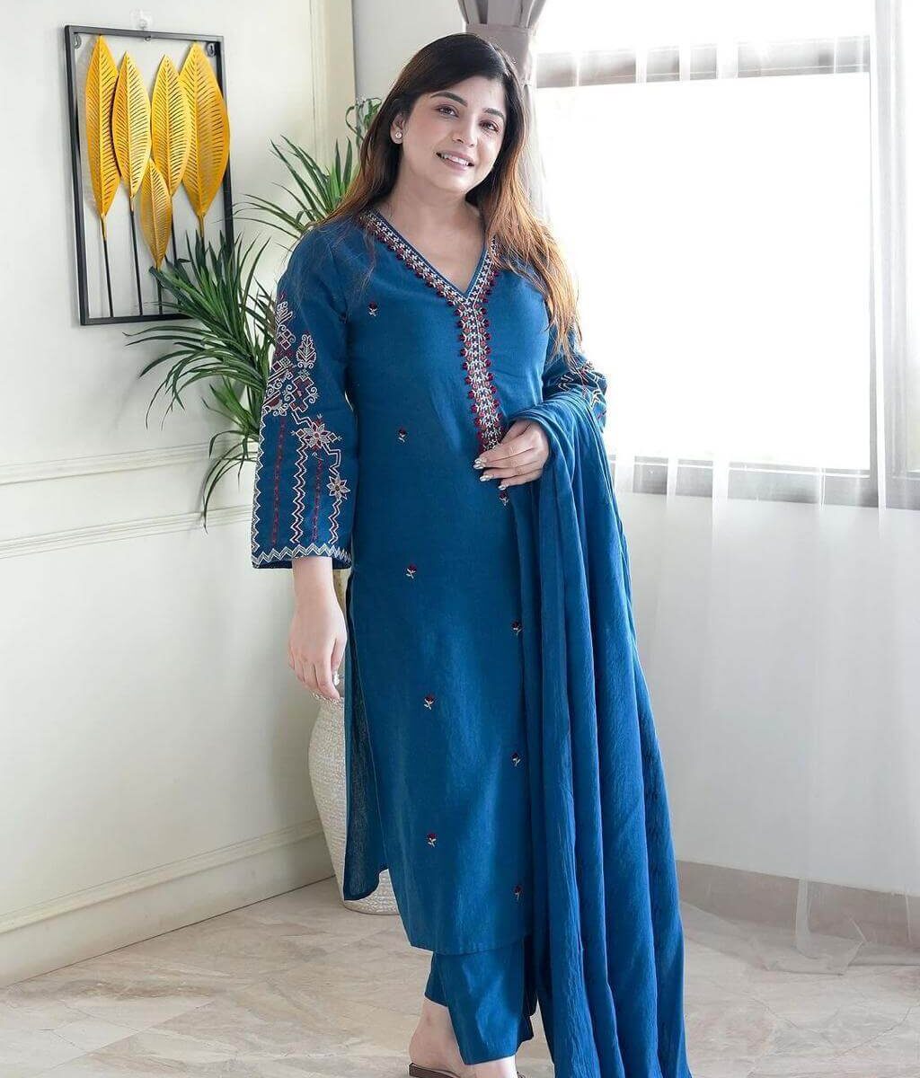 Blue Floral Kurti Pant Dupatta Set