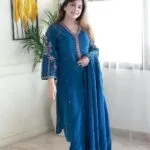 Blue Floral Kurti Pant Dupatta Set