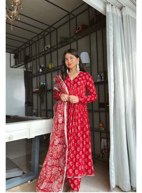 Red Colour Cotton Kurti​ Set