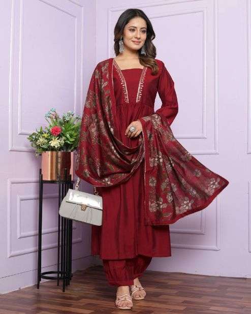 Red Silk Kurti​ Pant Set