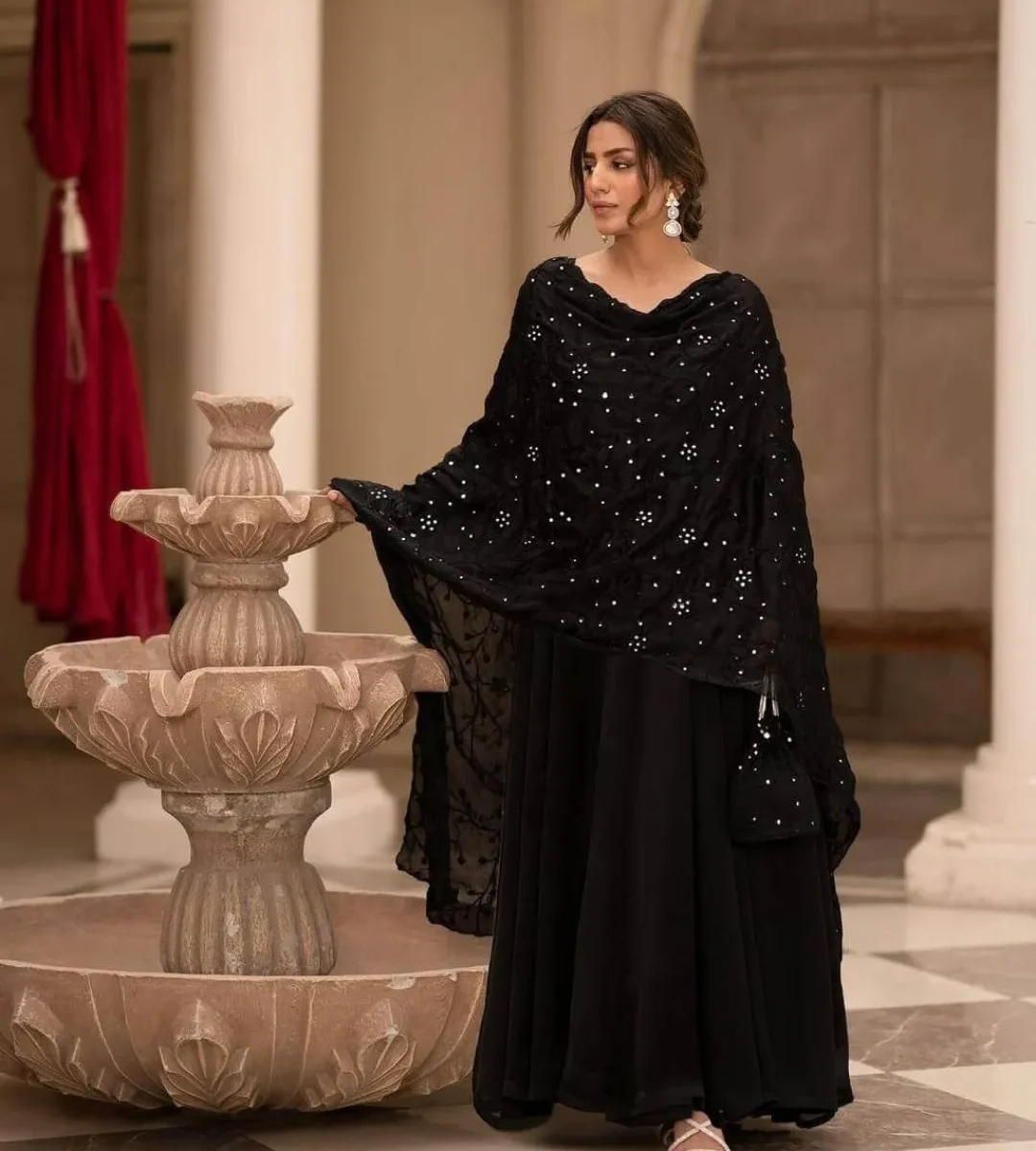 Roman Cotton Black Anarkali Kurti Set