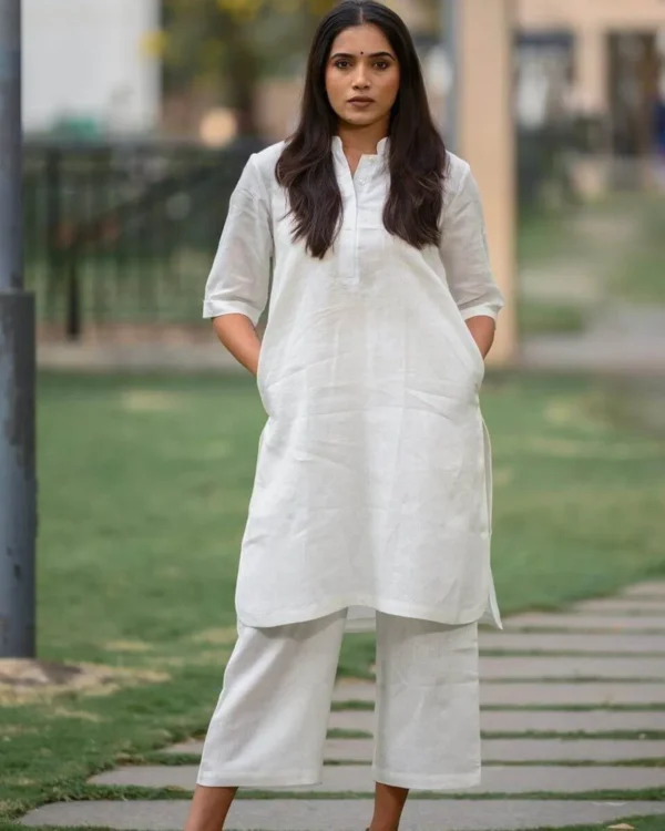 Plain White Cotton Slub Kurti​ Palazzo Set