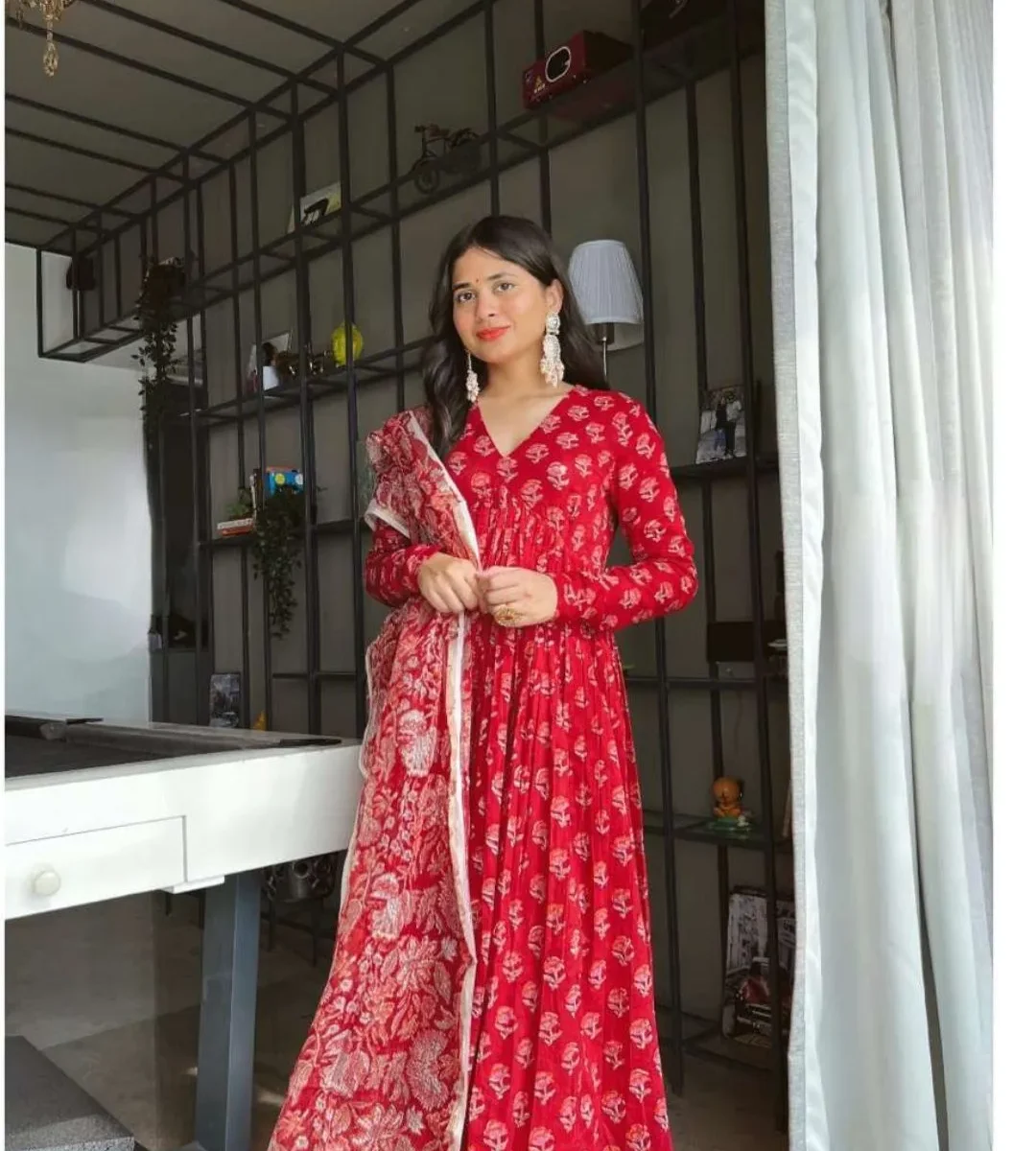 Red Colour Cotton Kurti​ Set
