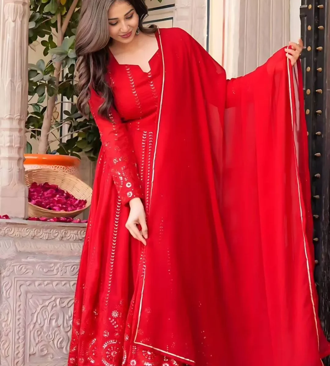 Red Georgette Anarkali Kurti Set