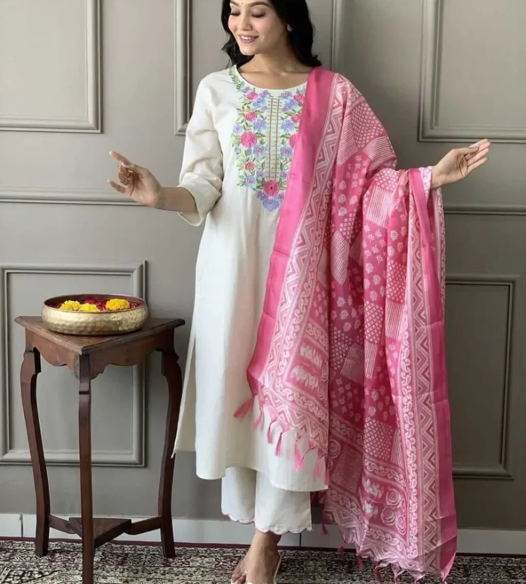 White Khadi Cotton Kurti Set
