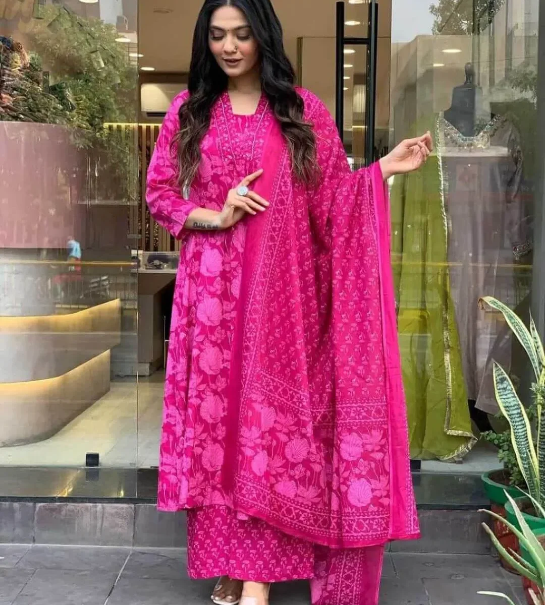 Rani Pink Floral Cotton Kurti Set