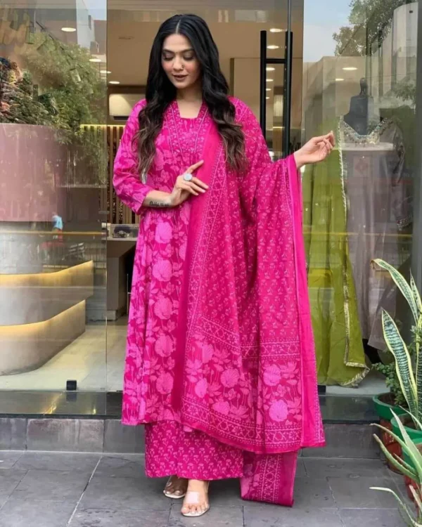 Rani Pink Floral Cotton Kurti Set