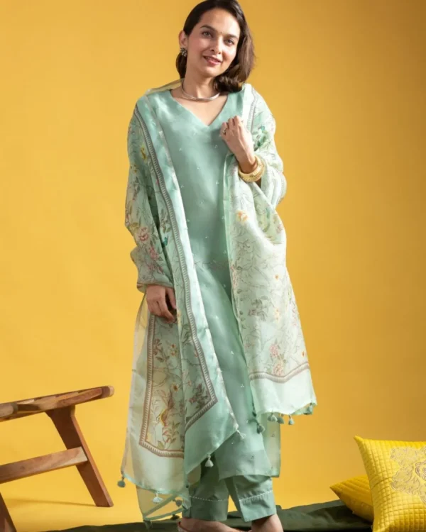 Green Viscose Chanderi Kurti Set
