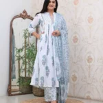 Blue Floral White Kurti Set
