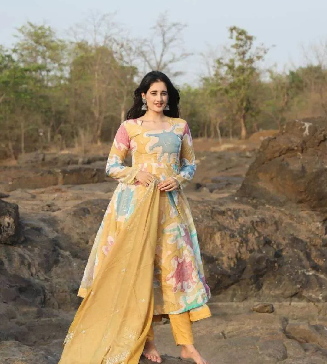 Yellow Floral Georgette Kurti Set