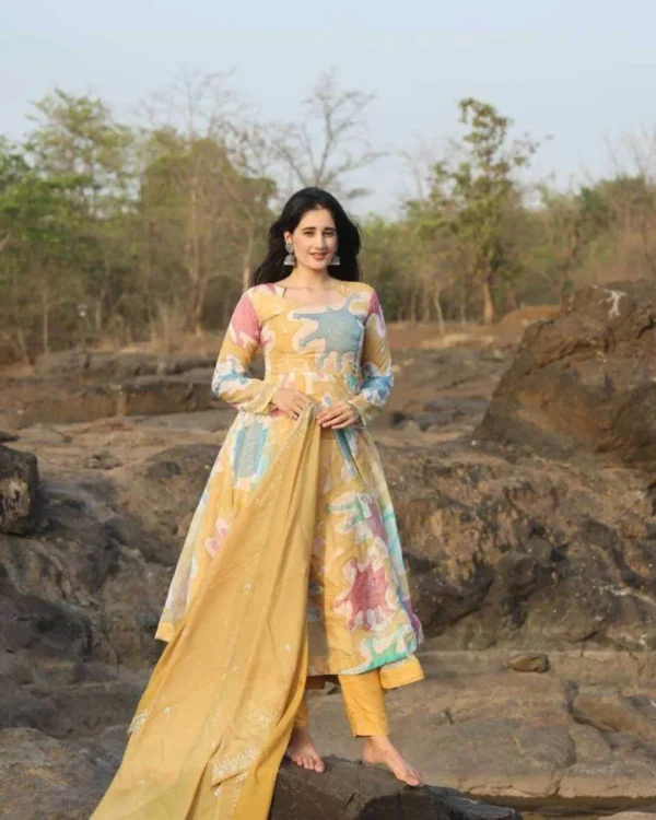 Yellow Floral Georgette Kurti Set