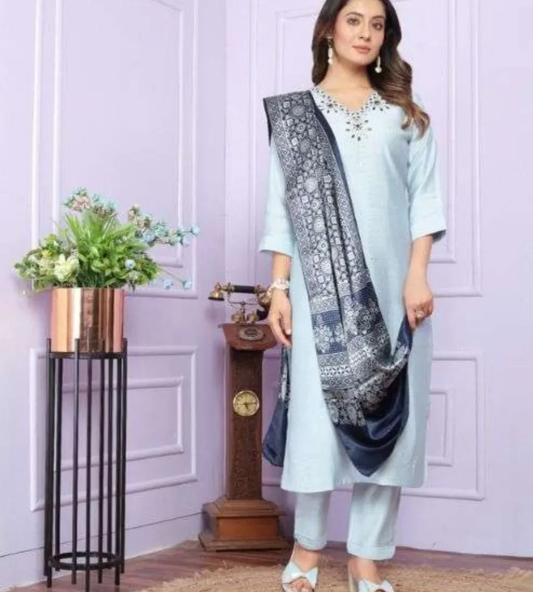Sky Blue Silk Kurti With Pant Set